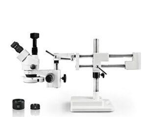 vision scientific vs-5fz-ifr07-5n simul-focal trinocular zoom stereo microscope,10xwf eyepiece,3.5x-90x magnification,0.5x &2xaux lens, double arm stand,144-led ringlight,5.0mp digital eyepiece camera