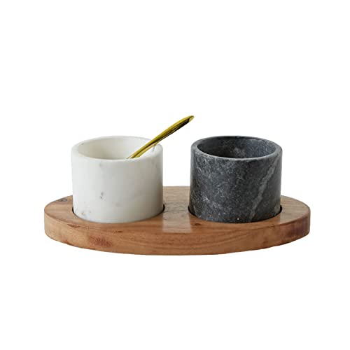 Creative Co-Op 2 Marble Bowls on Mango Wood Base with Salt Spoon