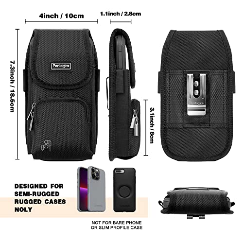 Rugged Nylon Cell Phone Holster Compatible with iPhone 13 Pro Max, 12 Pro Max, Xs Max with Armor Type Phone Case. Belt Clip Pouch with Hook and Loop Fastener, Zipper Storage, Card Slot. (BK)