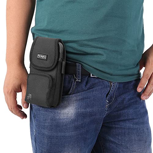 Rugged Nylon Cell Phone Holster Compatible with iPhone 13 Pro Max, 12 Pro Max, Xs Max with Armor Type Phone Case. Belt Clip Pouch with Hook and Loop Fastener, Zipper Storage, Card Slot. (BK)