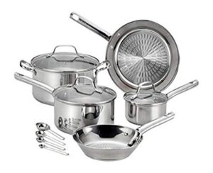 t-fal performa stainless steel cookware set 12 piece induction pots and pans, dishwasher safe silver