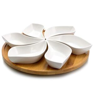 elama ceramic stoneware condiment appetizer set, 7 piece, wavy round in white and natural bamboo
