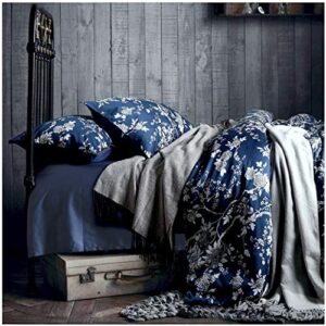 eastern floral chinoiserie blossom print duvet quilt cover navy blue tan white asian style botanical tree branches ornamental drawing 400tc egyptian cotton 3pc bedding set (king)