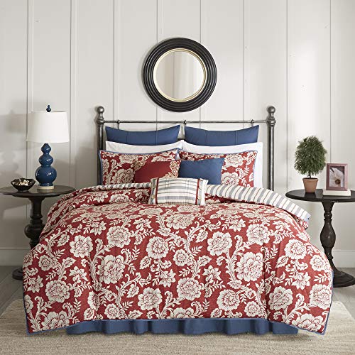 Madison Park Lucy 100% Cotton Reversible Duvet Set Beautiful Floral Pattern, Ruffle Border Design All Season, Breathable Comforter Cover Bedding, Matching Shams, Queen(90"x90"), Red 9 Piece