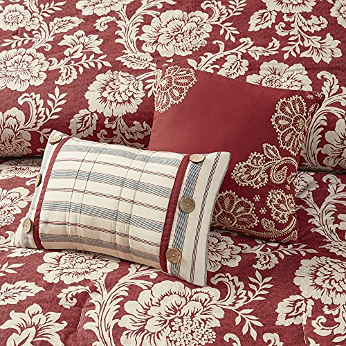 Madison Park Lucy 100% Cotton Reversible Duvet Set Beautiful Floral Pattern, Ruffle Border Design All Season, Breathable Comforter Cover Bedding, Matching Shams, Queen(90"x90"), Red 9 Piece