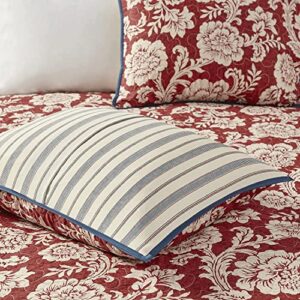 Madison Park Lucy 100% Cotton Reversible Duvet Set Beautiful Floral Pattern, Ruffle Border Design All Season, Breathable Comforter Cover Bedding, Matching Shams, Queen(90"x90"), Red 9 Piece