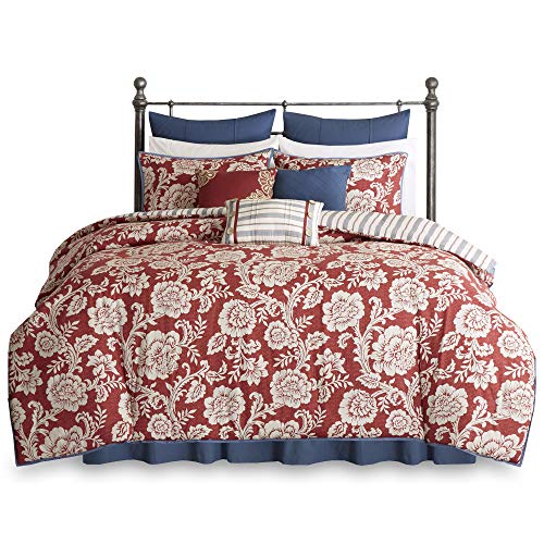 Madison Park Lucy 100% Cotton Reversible Duvet Set Beautiful Floral Pattern, Ruffle Border Design All Season, Breathable Comforter Cover Bedding, Matching Shams, Queen(90"x90"), Red 9 Piece