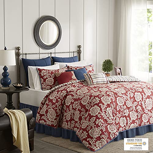 Madison Park Lucy 100% Cotton Reversible Duvet Set Beautiful Floral Pattern, Ruffle Border Design All Season, Breathable Comforter Cover Bedding, Matching Shams, Queen(90"x90"), Red 9 Piece