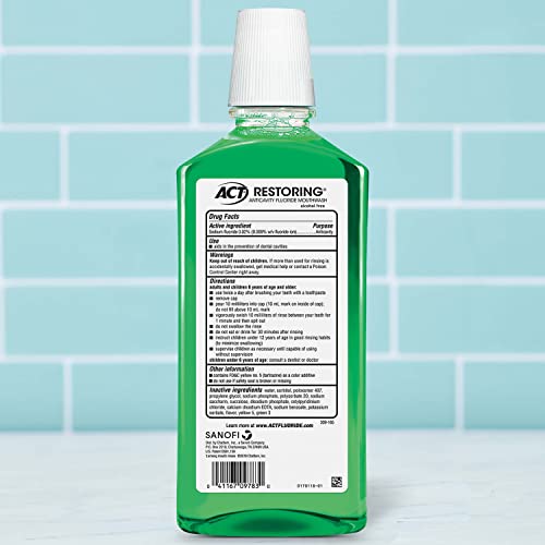 ACT Restoring Zero Alcohol Fluoride Mouthwash 33.8 fl. oz. Strengthens Tooth Enamel, Mint Burst