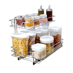 smart design pull-out cabinet organizer – 2-tier chrome, small top, medium bottom – steel sliding cabinet organizer holds up to 100 lbs. for optimal home organization and storage