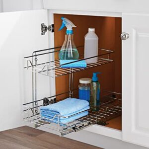 Smart Design Pull-Out Cabinet Organizer – 2-Tier Chrome, Small Top, Medium Bottom – Steel Sliding Cabinet Organizer Holds Up To 100 lbs. for Optimal Home Organization and Storage