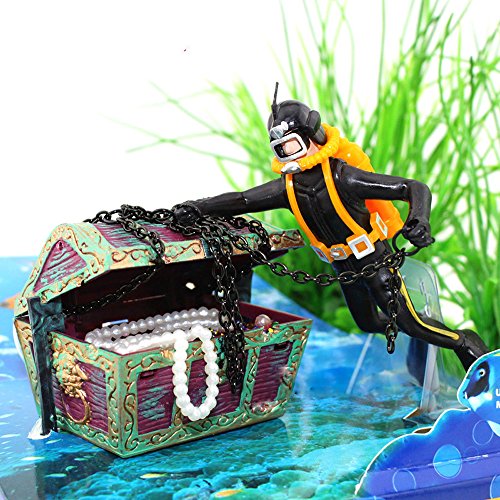 Bestgle Action Aquarium Ornament, Undersea Treasure Chest Diver, Live-Action Aerating Fish Tank Decorations