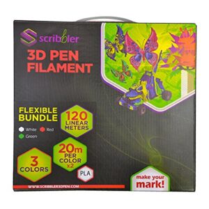 scribbler 3d pen pla based flexible filament refills for 3d drawing pen | premium quality, durable pla based flex material| 400 linear feet for endless doodles| 3 different color