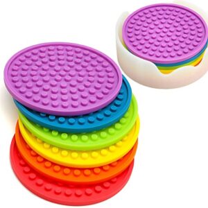enkore coasters novelty set in 6 rainbow colors with translucent holder - kids favorite, weather proof outdoor tabletop protection for table made of wood, granite, glass, soapstone, sandstone, marble