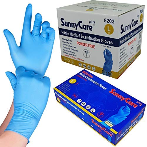 SunnyCare #8203 1000/1cases Blue Nitrile Medical Exam Gloves Powder Free Chemo-Rated (Latex Vinyl Free) Large