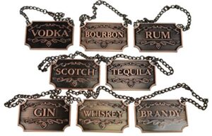 copper liquor decanter tags/labels set of eight - whiskey, bourbon, scotch, gin, rum, vodka, tequila and brandy - copper colored - adjustable chain fits most bottles (copper)