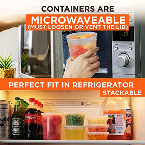 [36 Pack, 3 Sizes] Food Storage Containers with Lids, Round Plastic Deli Cups, US Made, Assorted 8 16 32 oz Cup Pint Quart, Leak Proof Airtight, Microwave & Dishwasher Safe, Stackable, Reusable, White