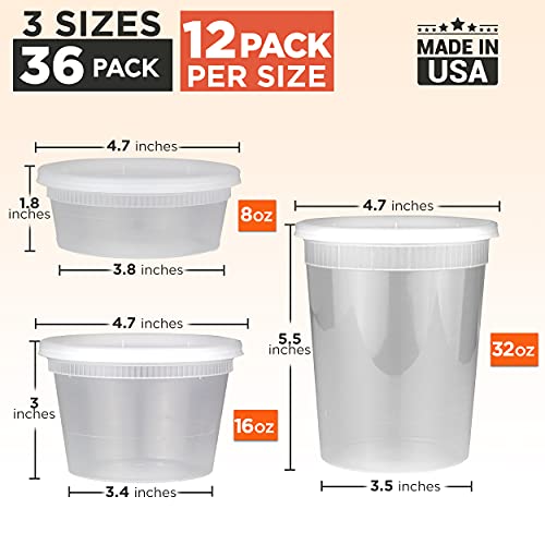 [36 Pack, 3 Sizes] Food Storage Containers with Lids, Round Plastic Deli Cups, US Made, Assorted 8 16 32 oz Cup Pint Quart, Leak Proof Airtight, Microwave & Dishwasher Safe, Stackable, Reusable, White