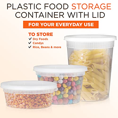 [36 Pack, 3 Sizes] Food Storage Containers with Lids, Round Plastic Deli Cups, US Made, Assorted 8 16 32 oz Cup Pint Quart, Leak Proof Airtight, Microwave & Dishwasher Safe, Stackable, Reusable, White