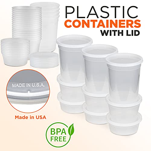 [36 Pack, 3 Sizes] Food Storage Containers with Lids, Round Plastic Deli Cups, US Made, Assorted 8 16 32 oz Cup Pint Quart, Leak Proof Airtight, Microwave & Dishwasher Safe, Stackable, Reusable, White