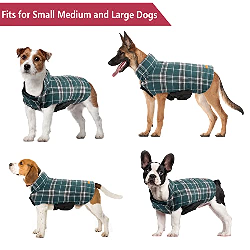 Kuoser Warm Dog Coat, Reversible Dog Jacket Waterproof Dog Winter Coat British Style Plaid Dog Clothes Pet Dog Cold Weather Coats Cozy Snow Jacket Vest for Small Medium Large Dogs Green M