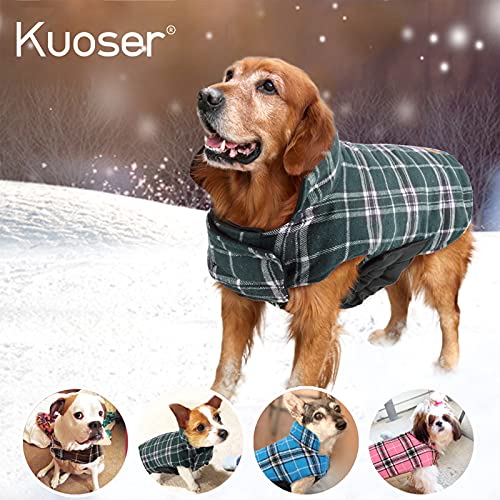 Kuoser Warm Dog Coat, Reversible Dog Jacket Waterproof Dog Winter Coat British Style Plaid Dog Clothes Pet Dog Cold Weather Coats Cozy Snow Jacket Vest for Small Medium Large Dogs Green M