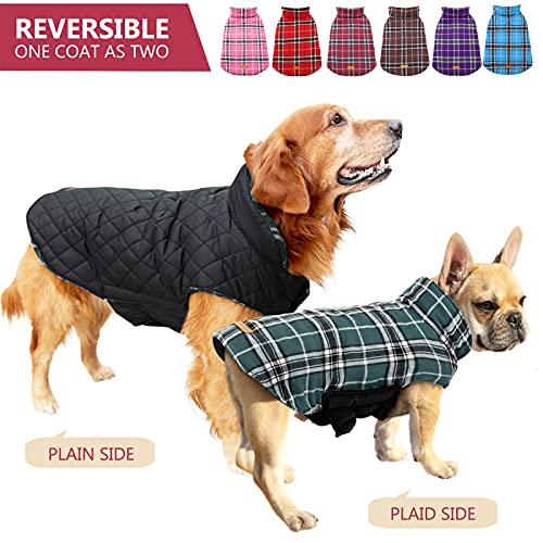 Kuoser Warm Dog Coat, Reversible Dog Jacket Waterproof Dog Winter Coat British Style Plaid Dog Clothes Pet Dog Cold Weather Coats Cozy Snow Jacket Vest for Small Medium Large Dogs Green M