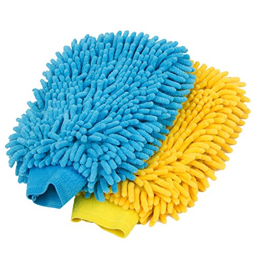 MR.SIGA Premium Microfiber Soft Chenille Car Wash Mitt, Pack of 2, Blue & Yellow