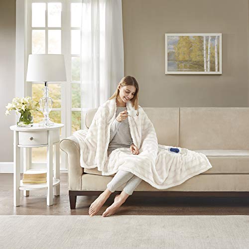 Beautyrest Duke Blanket Luxury Oversize Electric Throw Premium Soft Cozy Brushed Long Faux Fur for Bed, Couch with 3 Heat Setting Controller, Auto Shut-Off Function, Champagne, 50 in x 70 in