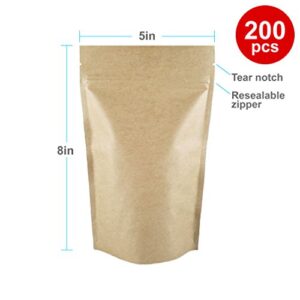 Kraft Stand Up Pouch with Zipper, Notch for Food Storage 5 X 8 X 2.5 inches (4oz) 200 pcs