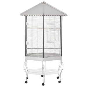 pawhut 44" hexagon covered canopy portable aviary flight bird cage with storage