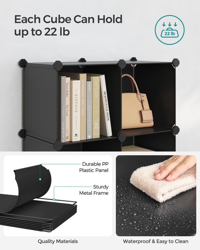 SONGMICS 6 Cube Storage Organizer, DIY Closet Shelf, Plastic Clothes Organizer, Modular Bookcase, 11.8 x 11.8 x 11.8 Inch Cubes, with Feet and Rubber Mallet, Black ULPC06H