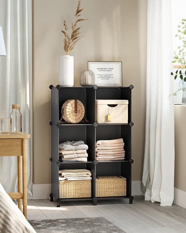 SONGMICS 6 Cube Storage Organizer, DIY Closet Shelf, Plastic Clothes Organizer, Modular Bookcase, 11.8 x 11.8 x 11.8 Inch Cubes, with Feet and Rubber Mallet, Black ULPC06H