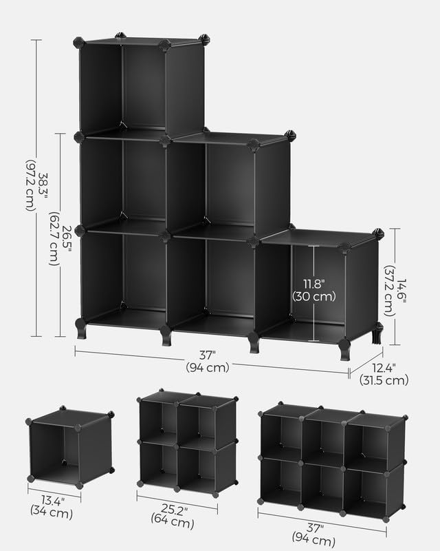 SONGMICS 6 Cube Storage Organizer, DIY Closet Shelf, Plastic Clothes Organizer, Modular Bookcase, 11.8 x 11.8 x 11.8 Inch Cubes, with Feet and Rubber Mallet, Black ULPC06H