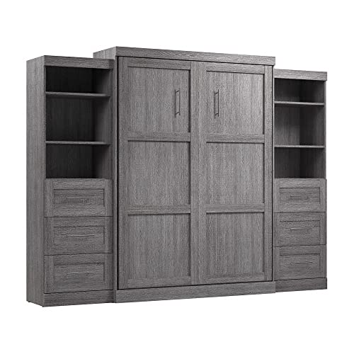 Bestar Pur Queen Murphy 2 Shelving Units with Drawers, 115-inch Space-Saving Wall Bed, Bark Grey