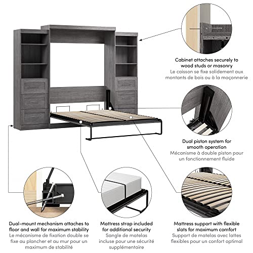 Bestar Pur Queen Murphy 2 Shelving Units with Drawers, 115-inch Space-Saving Wall Bed, Bark Grey