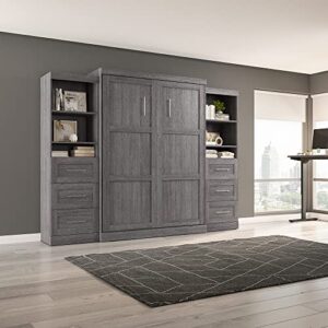 Bestar Pur Queen Murphy 2 Shelving Units with Drawers, 115-inch Space-Saving Wall Bed, Bark Grey