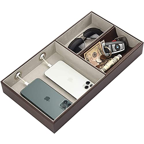 JACKCUBE DESIGN Nightstand Organizer for Men, Leather Valet Tray Key Wallet Phone Watch Glass Holder with 2 Charging Holes (Dark Brown, 14.2 x 7.7 x 2 inches) - MK234A