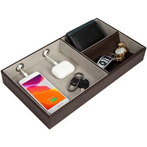 jackcube design nightstand organizer for men, leather valet tray key wallet phone watch glass holder with 2 charging holes (dark brown, 14.2 x 7.7 x 2 inches) - mk234a