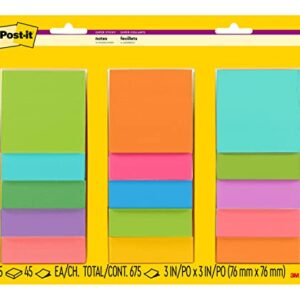 Post-it Super Sticky Notes, 3x3 in, 15 Pads, 2x the Sticking Power, Assorted Bright Colors, Recyclable(654-5SSAN)