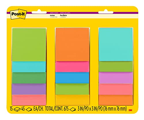 Post-it Super Sticky Notes, 3x3 in, 15 Pads, 2x the Sticking Power, Assorted Bright Colors, Recyclable(654-5SSAN)