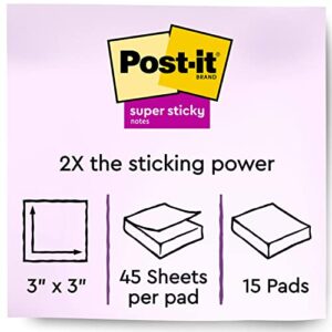 Post-it Super Sticky Notes, 3x3 in, 15 Pads, 2x the Sticking Power, Assorted Bright Colors, Recyclable(654-5SSAN)