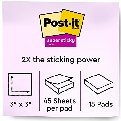 Post-it Super Sticky Notes, 3x3 in, 15 Pads, 2x the Sticking Power, Assorted Bright Colors, Recyclable(654-5SSAN)