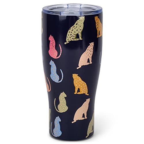 Mary Square Leader of the Pack Leopard Navy 32 ounce Stainless Steel Large Curved Tumbler with Lid