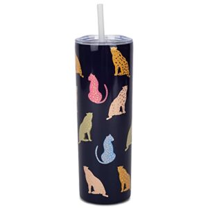 mary square leader of the pack leopard navy 20 ounce stainless steel skinny tumbler with straw