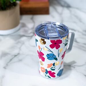 Mary Square Darling Daisy Pink Floral 14 ounce Stainless Steel Curved Travel Tumbler with Lid