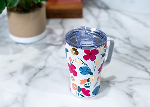 Mary Square Darling Daisy Pink Floral 14 ounce Stainless Steel Curved Travel Tumbler with Lid