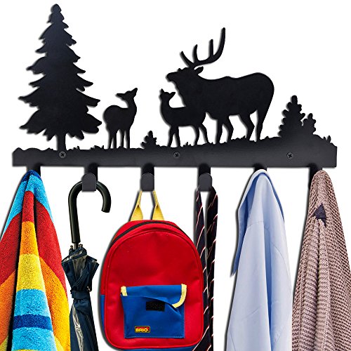 Coat Hooks Wall Mounted, Kathy Metal Towel Hook Rack Moon Cloud Animal Deer Hanger for Bathrooms Door Hanging Key Robe Bag Umbrella- 6 Hooks, black