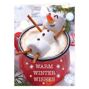 cocoa snowman holiday card pack/set of 25 winter wishes cards/hot chocolate marshmallows design with verse inside/christmas cards with envelopes