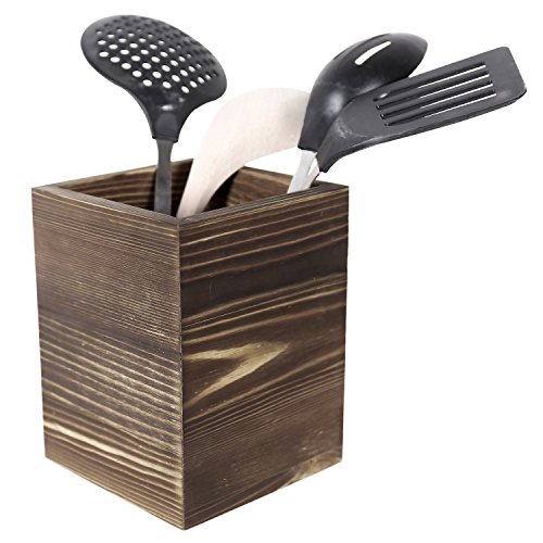 MyGift Rustic Brown Solid Wood Kitchen Countertop Utensil Holder, Cooking Utensil Crock and Flatware Storage Caddy